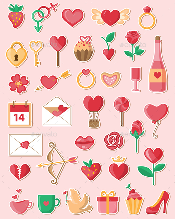 Valentine Icons in a Flat Style