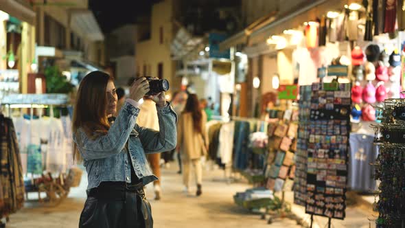 Female Tourist Photographer Woman Take Photos of Athens Streets with Camera