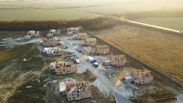 Aerial View of Residential Houses Under Construction in Rural Suburban Area