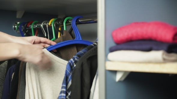 Clothing Hanging On Hangers At Wardrobe