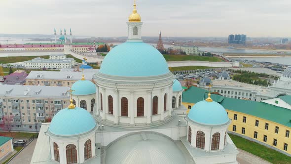 Turquoise Domes with Golden Crosses on Old Christian Church