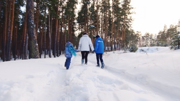 A Woman And Two Children Walking On Snow-covered Road