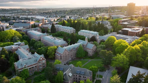 Wide aerial of the University of Washington campus at sunset on a nice Spring evening.
