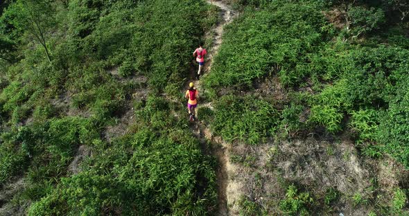 Aerial view of two women  friends  ultramarathon runners running uphill on mountain