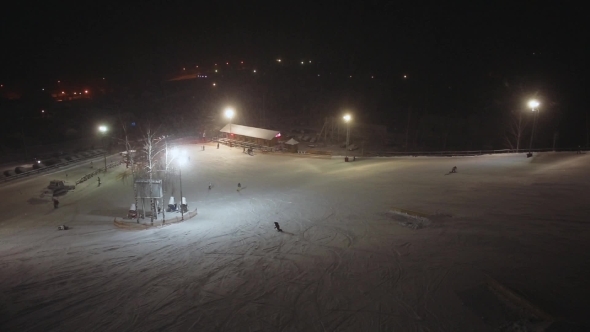 Aerial Shot Winter Tourism. Ski Resort