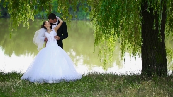 Happy Newlyweds On Nature