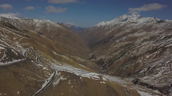 Aerial view of mountains near Datvijvari Pass in Khevsureti. Georgia