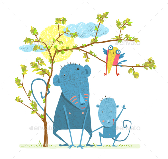 Monkey Characters Mother and Child in the Wild with Tree