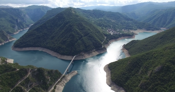 Aerial View Of Famous Piva Canyon With Its Fantastic Reservoir In Montenegro