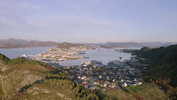 Alesund City on the West Coast of Norway at Sunset Aerial View