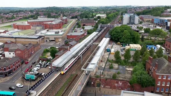 Aerial drone footage of the town centre of Wakefield in West Yorkshire in the UK