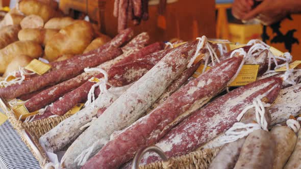 Showcase of the Catalan Sausages on the Touristic Street with a Different Varieties of Dry Pork