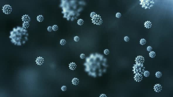 Animation of macro coronavirus Covid-19 cells floating on a blue background