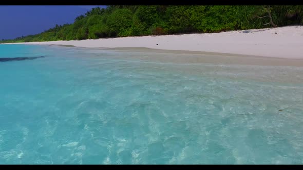 Aerial above nature of tropical seashore beach journey by clear lagoon and bright sandy background o