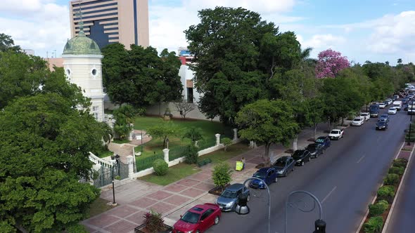 Slow aerial orbit showing the Casa Museo Quinta Montes Molina on the Paseo Montejo in Merida, Yucata