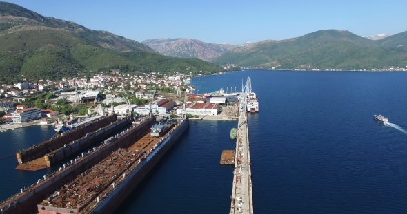 Aerial View Of Large Floating Dry Dock For Ship Repairs