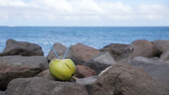 Coconut With Drinking Straw On The Rocks