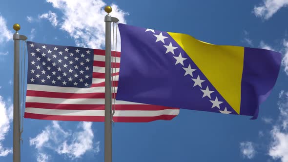 Usa Flag Vs Bosnia And Herzegovina Flag On Flagpole