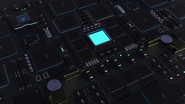 components of computing power on a chip. futuristic animation . next-generation computer technology  alt