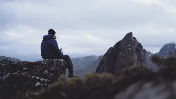 Hiker Taking Break Mountains