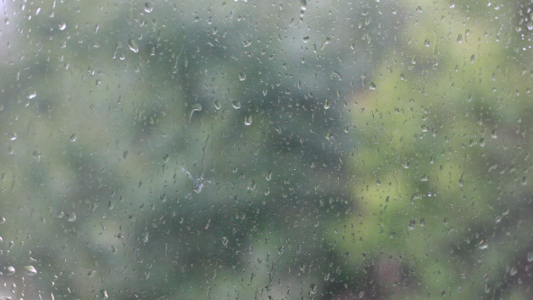 Rain Drops Running Down On Window Glass