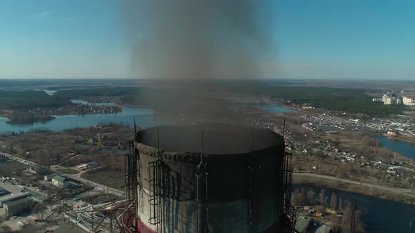 Aerial View Around Smoking Chimneys of CHP Plant, Extreme Close-up