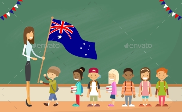 Teacher School Holding Australia Flag Children