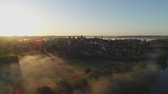 Sunrise and Fog Over the River Styr and the Historic Part of Lutsk Ukraine