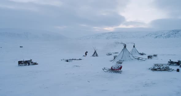 Aerial View of Yurts Camp in Yamal , in the Hard