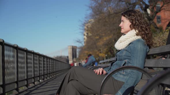 A Beautiful Woman Seated On A Bench Near The Brooklyn Bridge 4 alt