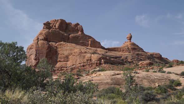 Pan Down Of A Rock Formation In Arches National Park