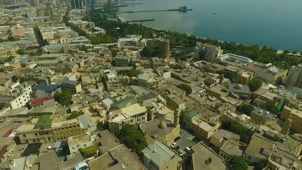 Areal drone footage of Baku old city Azerbaijan