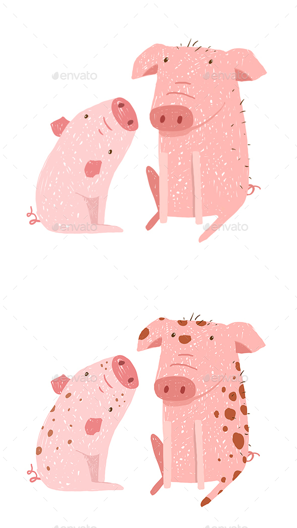 Two Pigs Parent and Child Cartoon