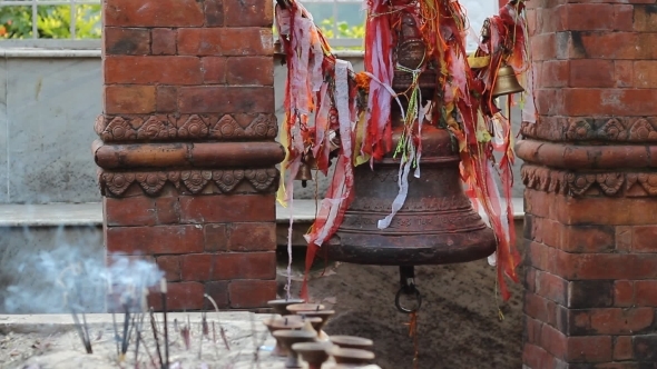 Bell With Ribbons In The Hindu Temple