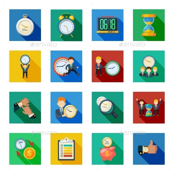 Time Management Flat Shadow Icons Set