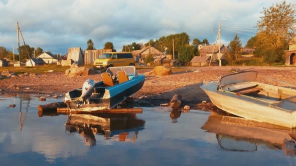 Landscape view of Sunrise on Lake with vessel