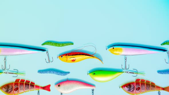 Assorted colourful fish bites. Set of wobblers. Lures and fish-hooks for angling