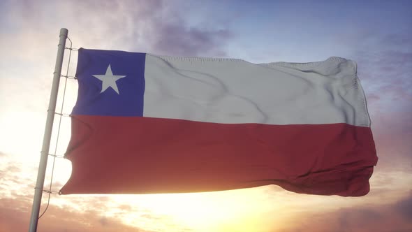 Flag of Chile Waving in the Wind Sky and Sun Background