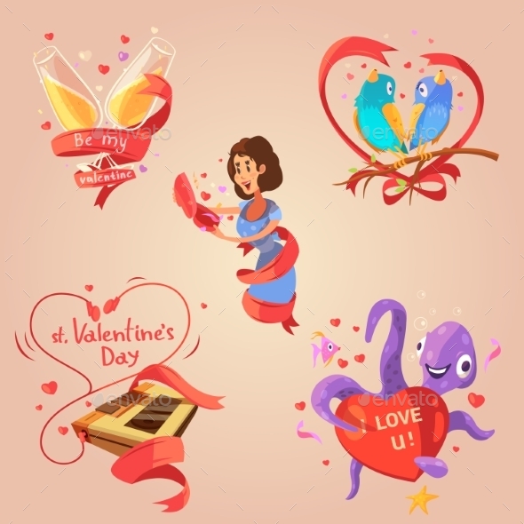 Valentine Day Retro Cartoon Set