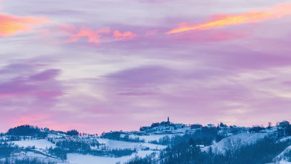 Pan: Italy Piedmont Barolo wine yards unique landscape winter sunset