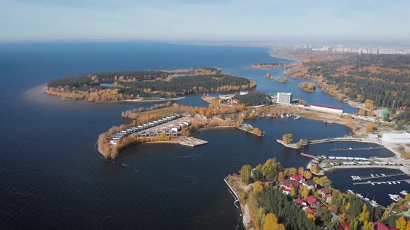 Aerial View. Cove Among the Small Islands. Houses on the River Bank, As Well As Parking for Yachts.