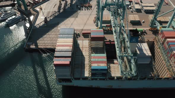  Aerial of Industrial Port, Los Angeles, USA. Loading Container Ship, Cargo