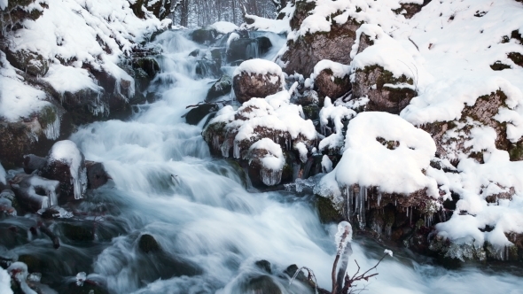 Water In Frozen Stream. Snowy River In Forest In The Winter