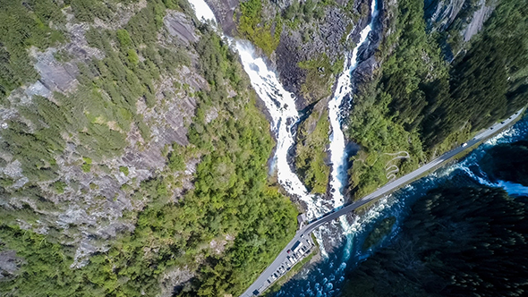 Aerial Footage Latefossen Waterfall Norway