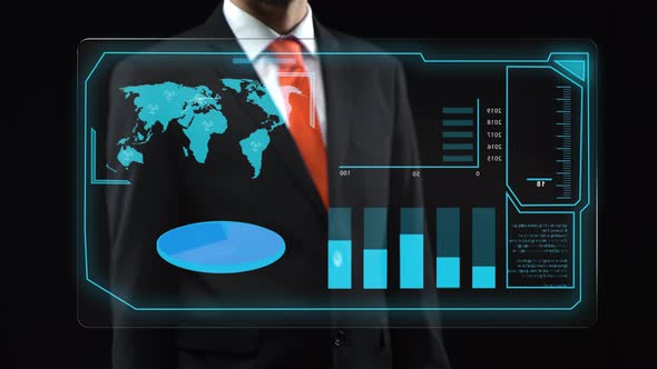 Businessman Uses Holographic Interface, Drawing an Ascending Financial Chart. Display Logistics