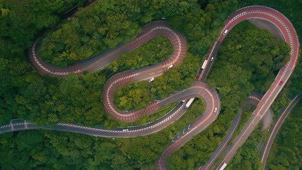 Aerial view of a curvy road near Hakone, Japan.