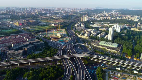 Aerial view of highway and overpass in city