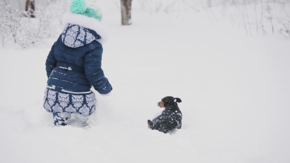 Little Girl Playing With Her Dog on Snow