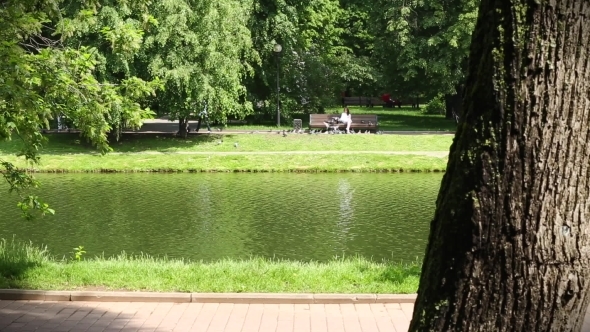 The Girl on The Bench In a Park With a Lake And Surrounded By Birds