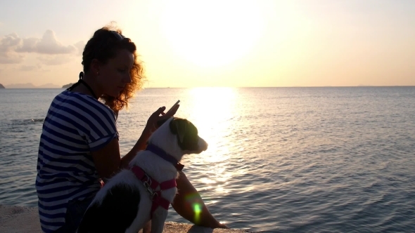 Young Woman With Dog Using Mobile Phone At Sunset
